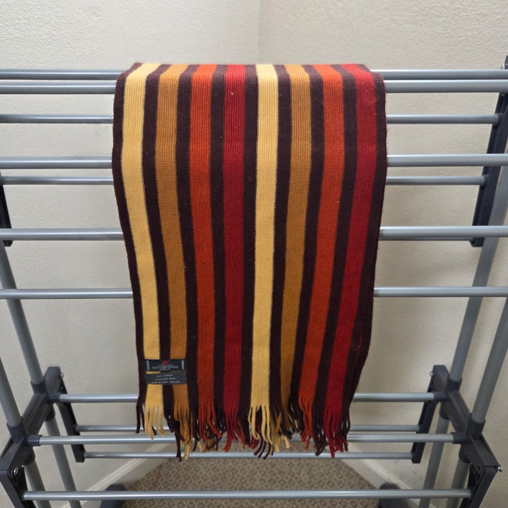 V Fraas The Scarf Source Striped Knit Scarf Brown Orange Yellow Red Fringe 62in